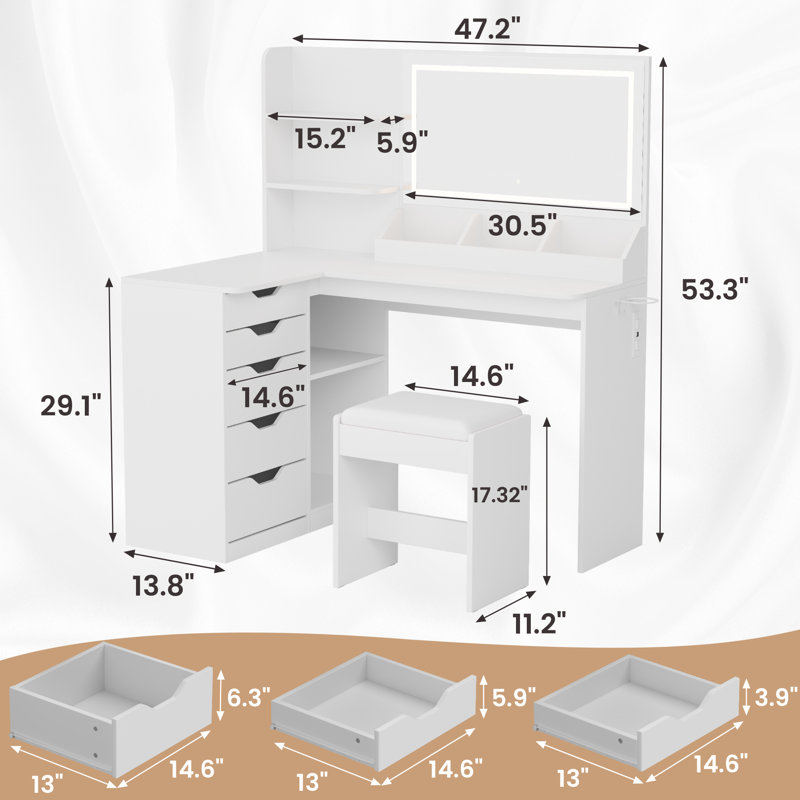 Corner Makeup Vanity Desk with Lights and Mirror, 47" L Shaped Vanity Set with Cushioned Stool& Charging Station, , 5 Drawer, Adjustable 3 Lighting Mode, Bedroom Large Dressing Table