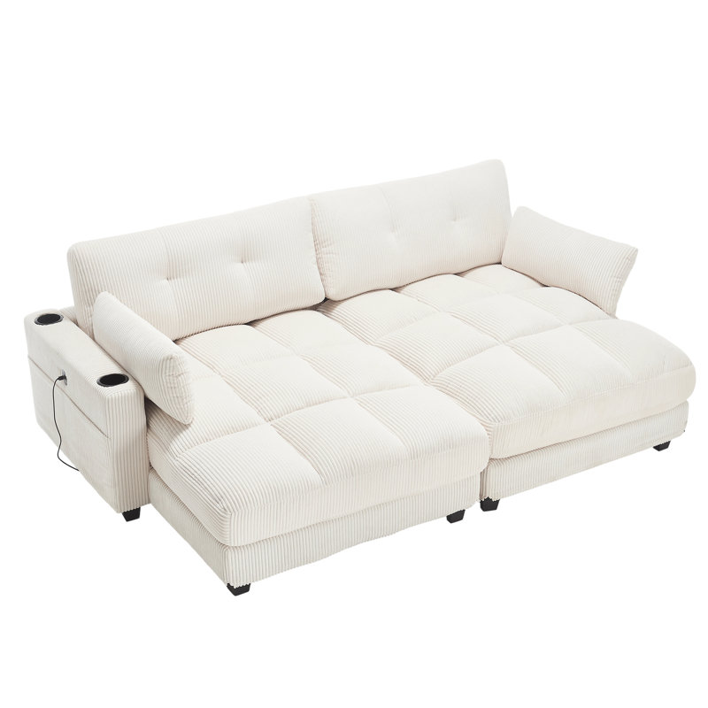 Méridienne beige en velours côtelé avec accoudoirs interchangeables et coussin en tissu, coussin de charge et compartiment latéral