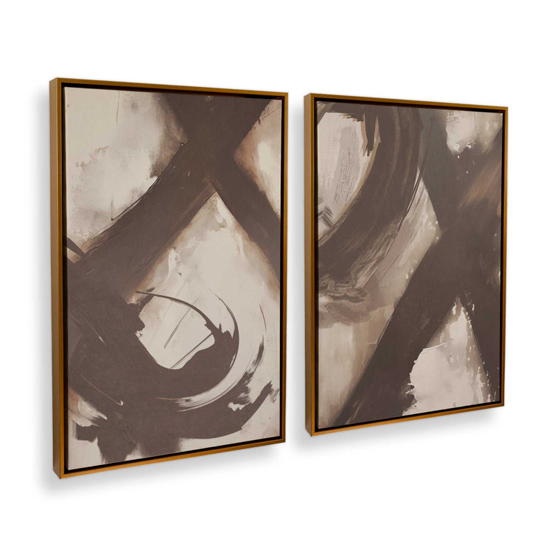 Ensemble de 2 impressions abstraites sur toile de Sienne, Cadre flottant or poli, H 30,75 po x l 41,5 po x P 1,75 po