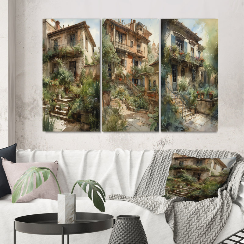 «Rustic Stairway Entrance To Country Cottage», 3 pièces, Toile tendue, H 40 po x l 60 po