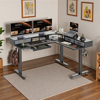 Shah 63" W L Shaped Standing Desk with Drawers and Wheels, Dual Motor Adjustable Desk for Home Office by 17 Stories