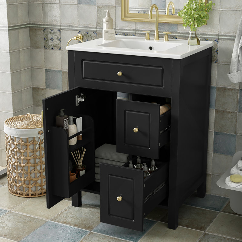 Meuble-lavabo de 24 pouces avec lavabo en céramique, Noir