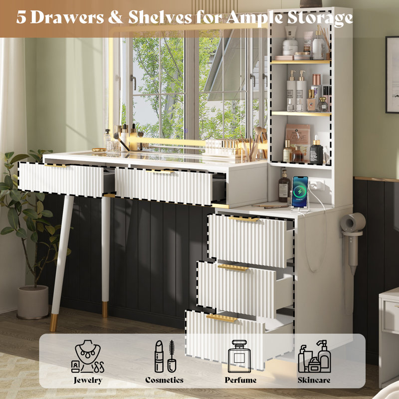Mercer41 48" Vanity Desk with 35" Large Lighted Mirror, 5 Drawers & Shelves & Charging Station