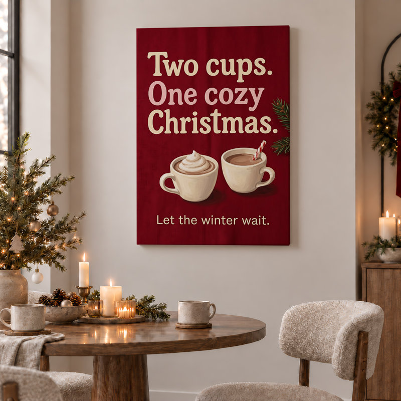 "Deux tasses de chocolat chaud et branches de pin sur toile de Noël", H 30 po x l 20 po
