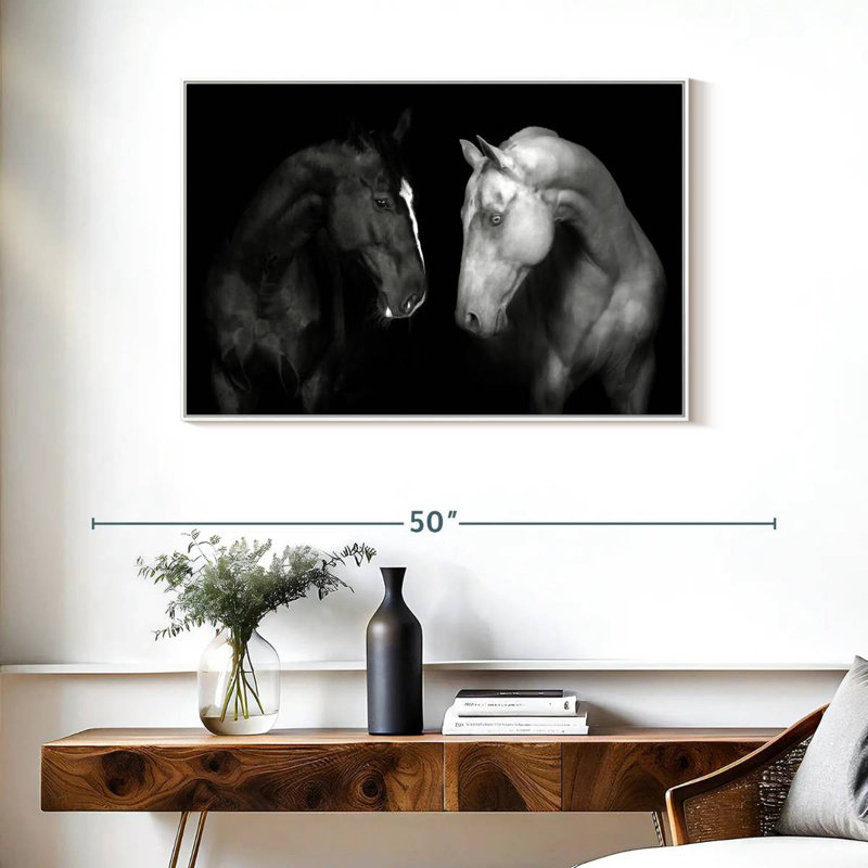 Chevaux monochromes, Cadre flottant blanc, 37 po x 25 po
