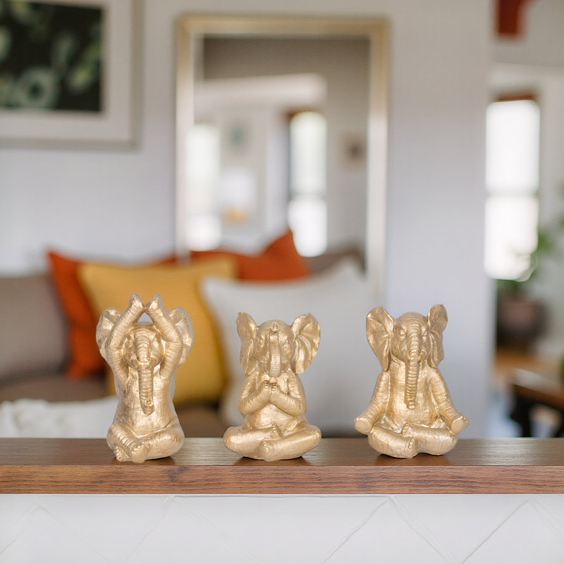 Decorative Resin Elephant Figurines with Yoga Poses, Set of 3, Gold