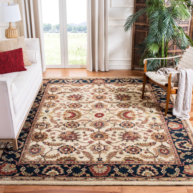 Ivory and Navy Hand-Tufted Wool Persian Area Rug