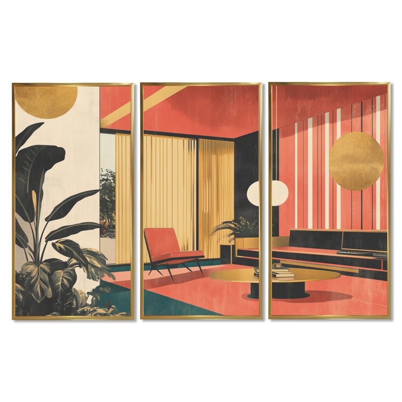 «Modern Home in Pop Collage II», ensemble d'art mural encadré intérieur rétro de 3, H 32 po x l 48 po, Cadre flottant doré