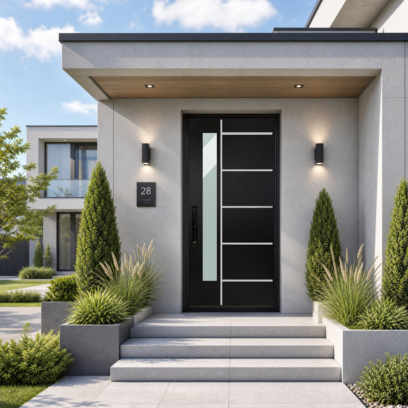 Porte d'entrée Calhome en verre givré noir moderne à 1 verre de 36 po x 80 po avec cadre en Vynyl à assemblage rapide et ensemble de moulure en brique pour porte d'entrée avant gauche résistante aux intempéries