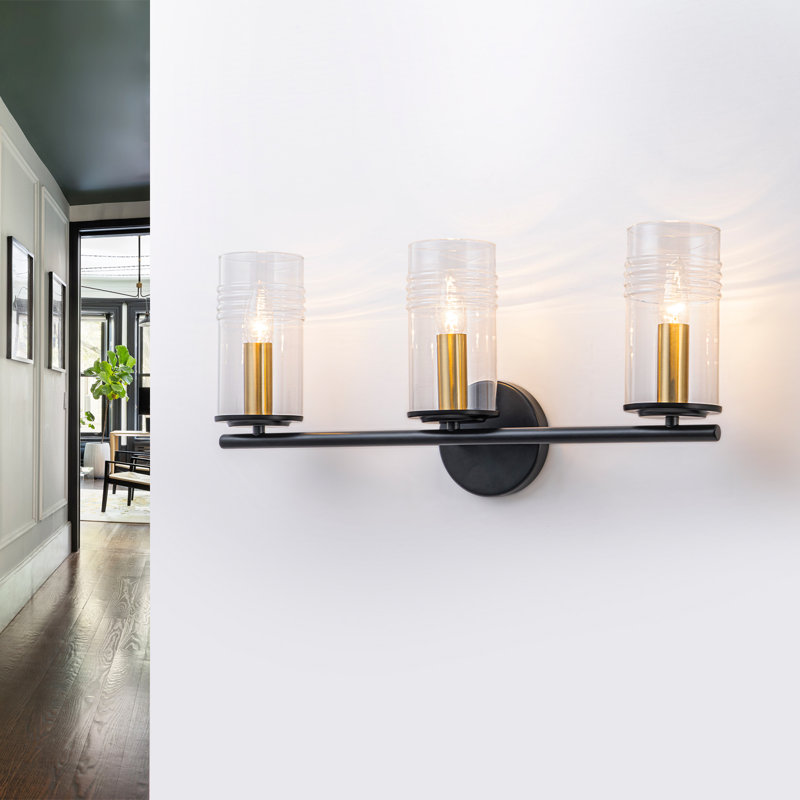 Luminaire de meuble-lavabo moderne à 3 lumières noir mat et doré 22 po avec abat-jour en verre transparent nervuré à la main | Applique murale en verre texturé style Mid-Century | Base E12 | Homologué ETL