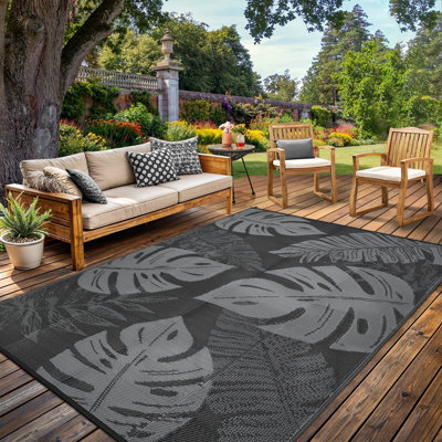 Tapis d'extérieur en plastique de grande taille, tapis de patio tissé imperméable, tapis réversible résistant aux rayons UV, tapis d'extérieur à feuilles tropicales pour la cour arrière, véhicule récréatif