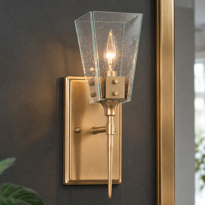 Applique murale ovale Berus à une lumière, style moderne du milieu du siècle, avec verre bullé, intensité variable et finition dorée, pour salle de bain