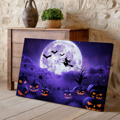 Canvas A Mystical Halloween Scene Unfolds Under A Large Luminous Full Wall Art Moon That Casts A Soft Purple Glow Across The Landscape Canvas Wall Art
