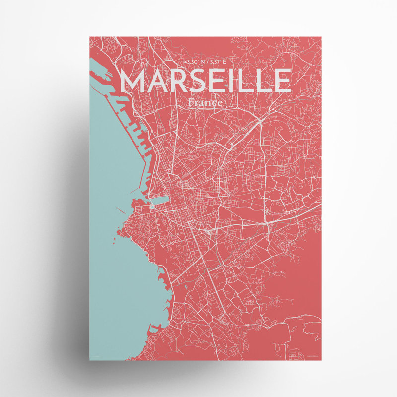 Marseille City Map In Maritime - No Frame Print, 27.6cm H x 19.7cm W x 0.05cm D