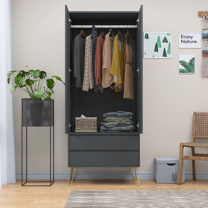 Almaas 2 Door Manufactured Wood Wardrobe, Gray, 186cm H x 76.5cm W x 53cm D