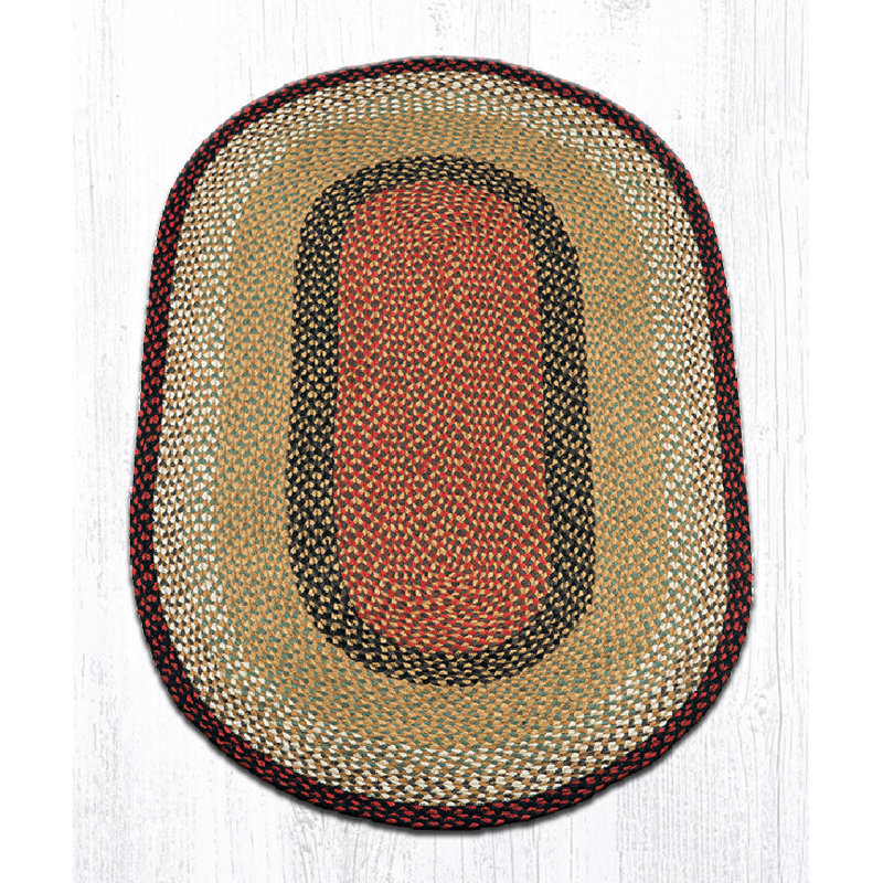  Burgundy & Mustard Oval Braided Rug – Handcrafted Jute, Rustic Farmhouse Style Rug for Entryway or Kitchen, 3'x5'