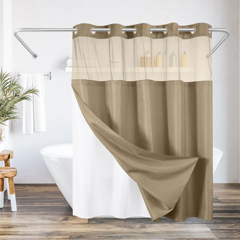  Rideau de douche 72x75 à motif gaufré sans crochet - Long rideau de douche résistant à l'eau avec panneau transparent, doublure à encliqueter et œillets