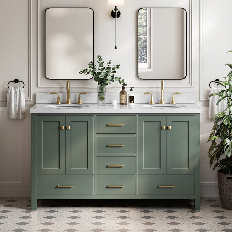 Amariani 61'' Double Bathroom Vanity with Carrara Marble Top, Vintage Green / Satin Brass