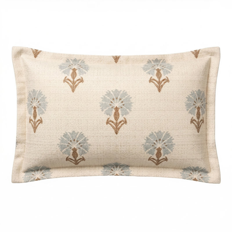 24X24 Flanged Down Feather Throw Pillow, Rectangle 9"H x 22"W, Feather, Beige Floral