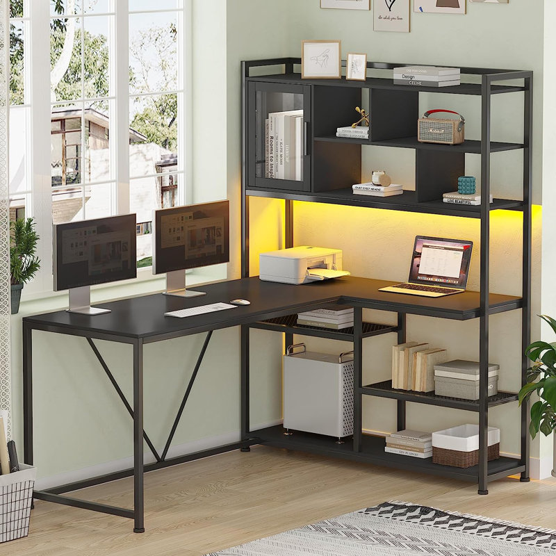 Rustic Brown and Black L-Shaped Computer Desk with Shelves and LED Lighting