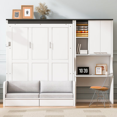 Lit escamotable double avec canapé, bureau et armoire de rangement, lit escamotable mural peu encombrant, blanc