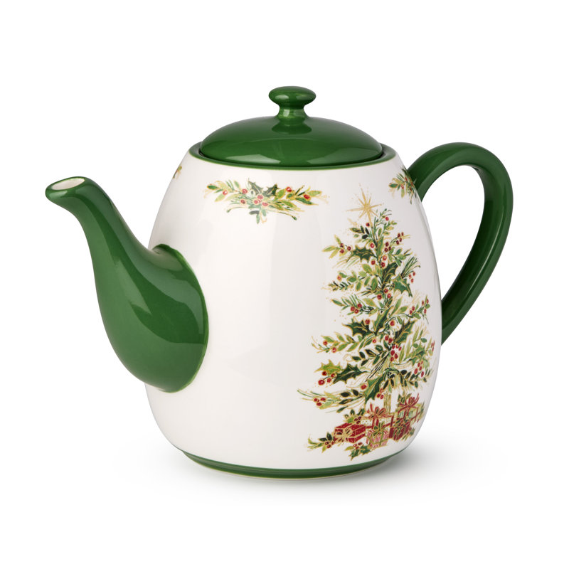 Théière de Noël Holly Tree - Théière de Noël en céramique 36 oz avec motif d'arbre classique