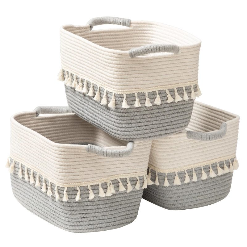 Ensemble de 3 paniers de rangement pour l'organisation, paniers en corde de coton pour jouets, vêtements, couvertures, panier décoratif pour salon, chambre de bébé, salle de bain, blanc et gris