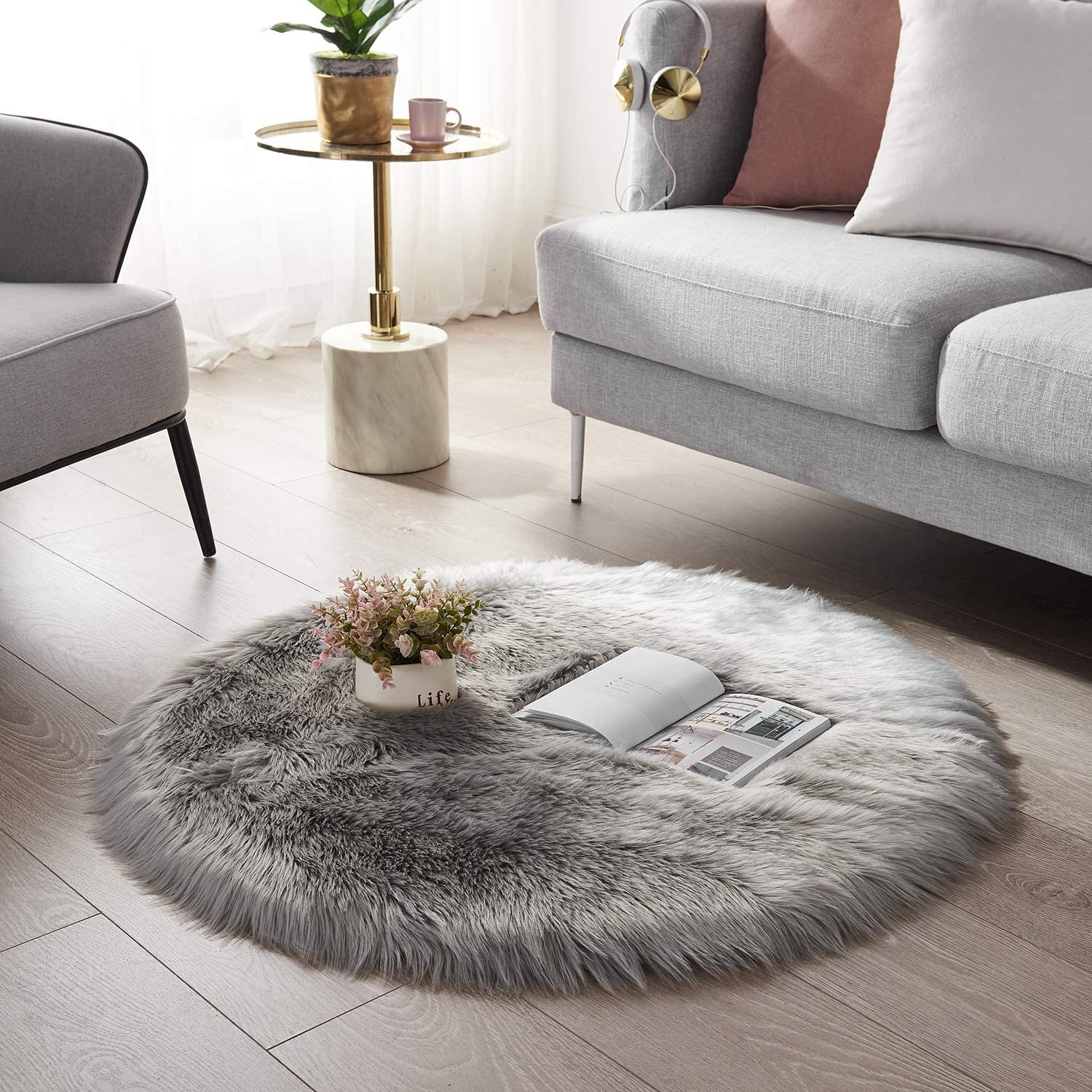 Soft Fluffy Faux Fur Rug - Washable Shaggy Fur Rugs, Small Round