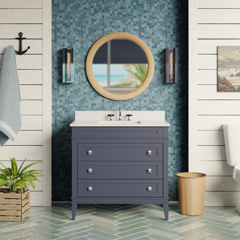 Meuble-lavabo simple 36 po avec comptoir en quartz gris Whitman, Quartz, Gris marine