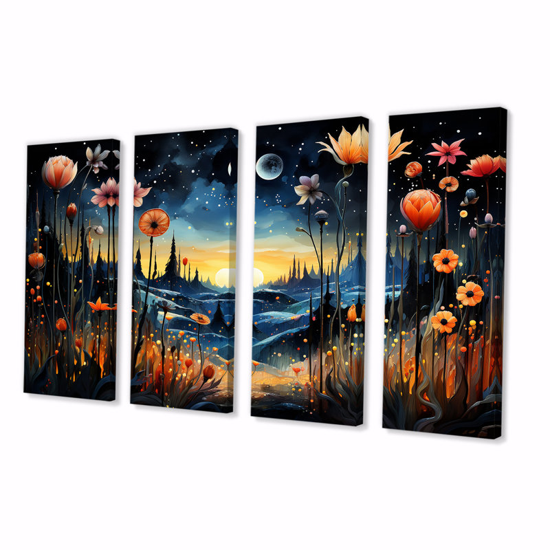 «Fantasy Floral Daydream III - Abstract Landscape», art mural 4 pièces, H 32 po x l 64 po