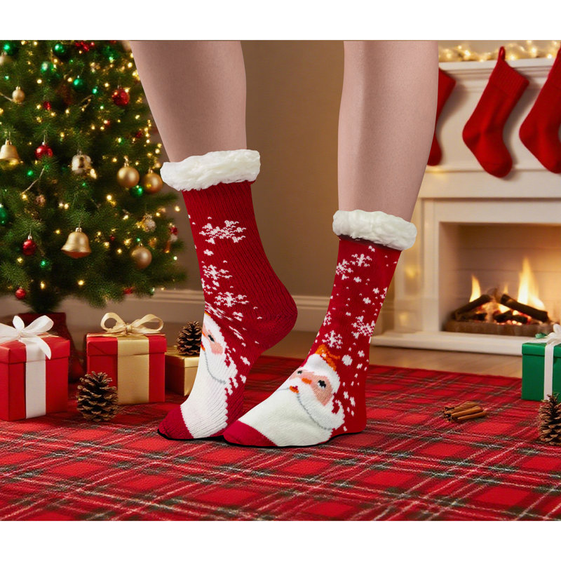 Xmas Fun Festive Fleece Lined Pair Socks Santa Red