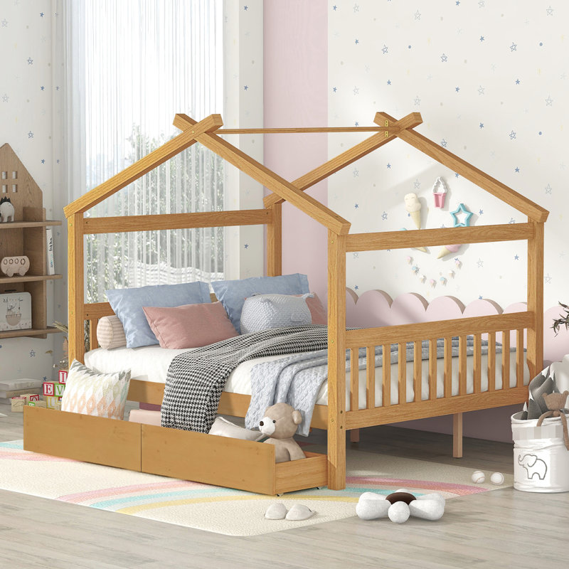 Lit plateforme double pleine grandeur, tiroirs pour le rangement des vêtements, bois de pin, têtes de lit en bois avec tiroirs, conception imaginative, pieds robustes, sommeil confortable