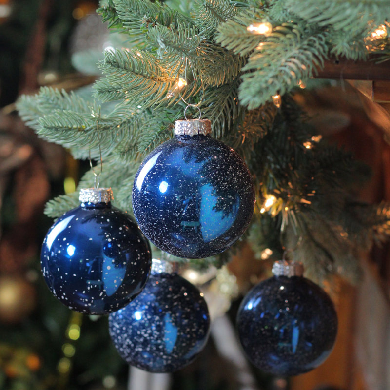 Ornement boule de Noël moucheté bleu et blanc à 2 finitions