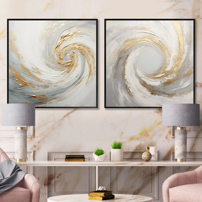 Ensemble de 2 collages carrés or et blanc Vortex IV - spirales abstraites