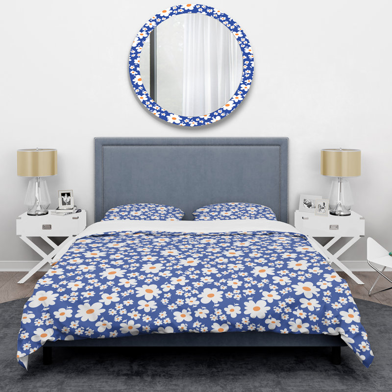 White Abstract Flowers Polyester Floral Duvet Cover, King Duvet Cover + 2 King Shams