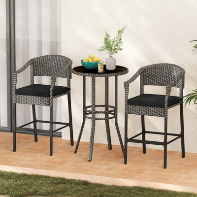 3-piece Patio Rattan Bar Set Wicker Bar Height Armchairs & Round Table 