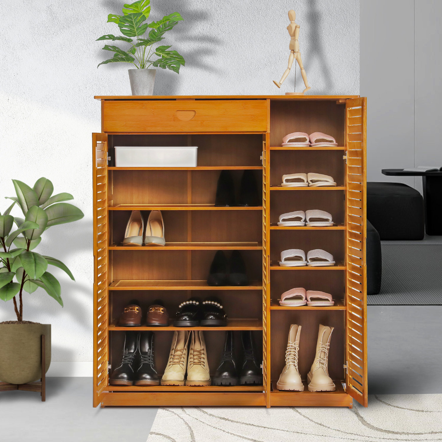 https://assets.wfcdn.com/im/39763989/compr-r85/2044/204459953/13-tiers-1-drawer-24-pairs-free-standing-bamboo-shoe-rack-organizer-blinds-with-door-for-entryway.jpg