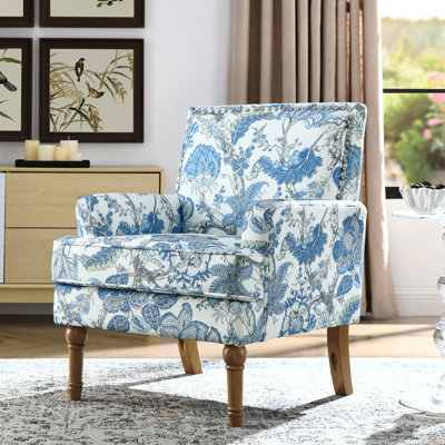 Fauteuil d'appoint à motif floral bleu et blanc, garniture cloutée, pieds en bois massif, design polyvalent pour différents espaces, dossier ergonomique avec coin lecture, assise confortable