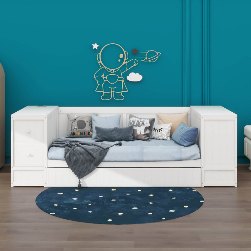 Lit de jour simple avec accoudoirs de rangement, lit gigogne et station de charge, Blanc