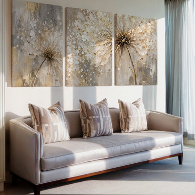 Ensemble exclusif de 3 tableaux abstraits floraux éclatants, couleur champagne doré et taupe, style panoramique. Décoration murale moderne sur toile pour salon, chambre, bureau et maison.