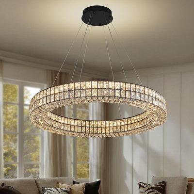 Lustre moderne à anneaux à DEL avec conception en cristal à intensité variable pour le salon et la salle à manger - hauteur de suspension réglable, température 3 couleurs, télécommande