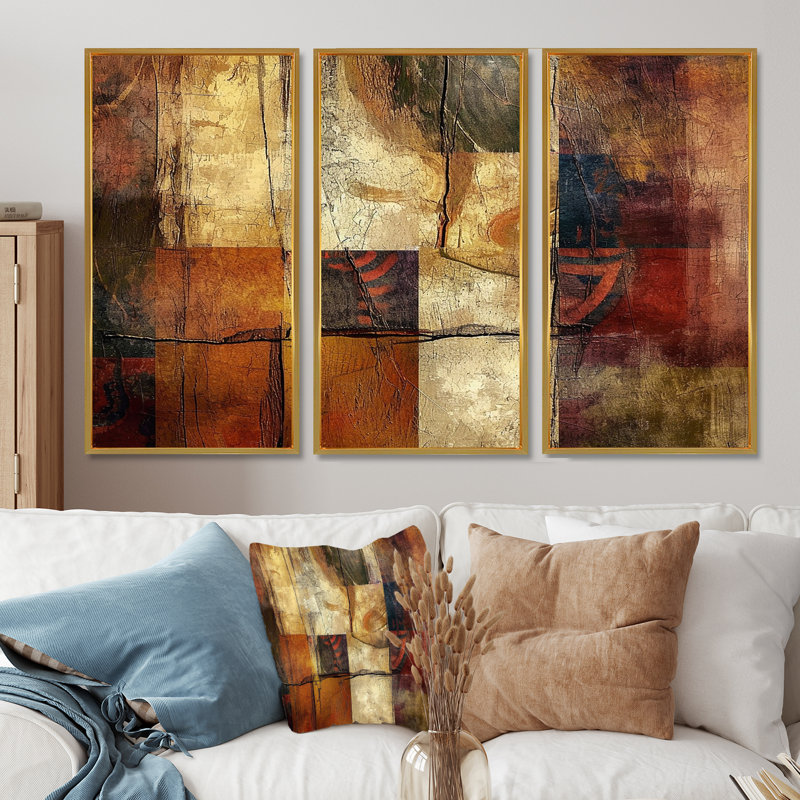 Dahianna - Ensemble d'art mural collage abstrait, Cadre flottant doré, H 28 po x l 36 po x P 1 po