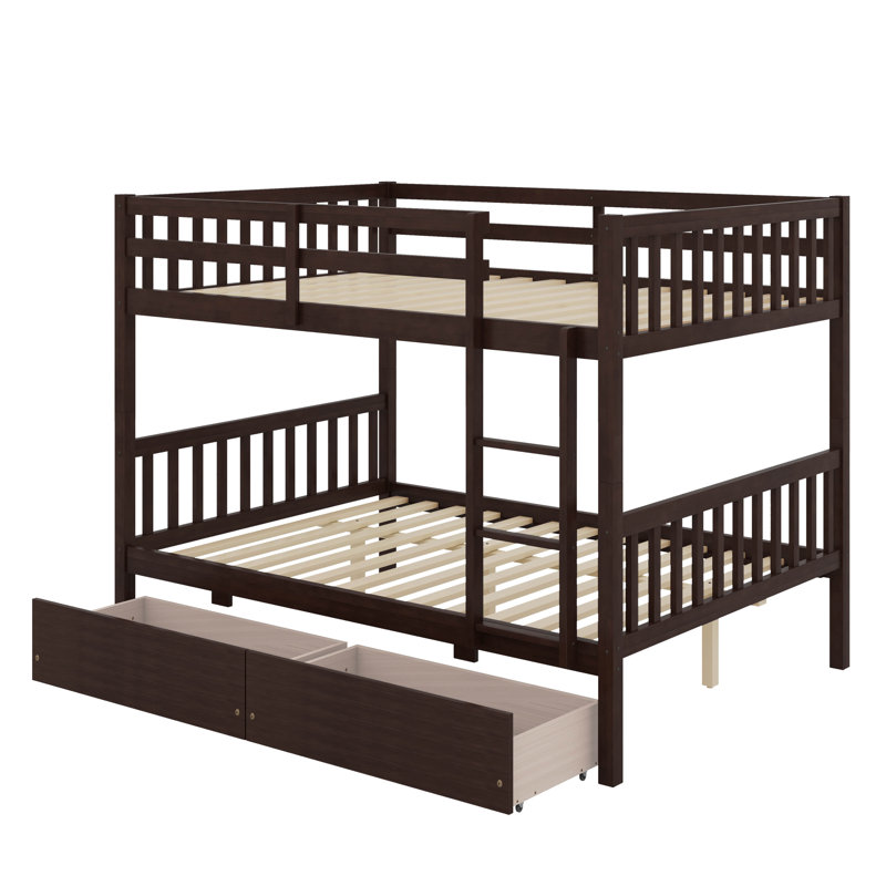 Lit superposé double en bois d'hévéa avec 2 tiroirs, Espresso