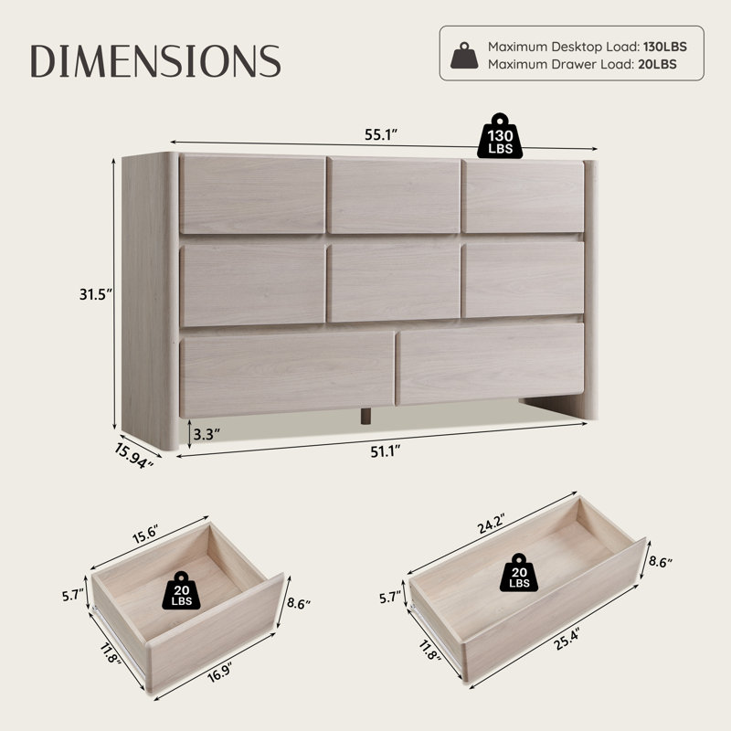 Commode 8 tiroirs Bolanos, 31.5" H x 55.1" W x 15.94" D, Crème