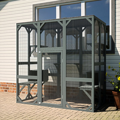 Eliezer Grey Outdoor Wooden Cat House, 71 L *37 W *71 H , Featuring 5 Jumping Platforms, 2 Condos, And A - Stimulating Environment Large Cage With Cov