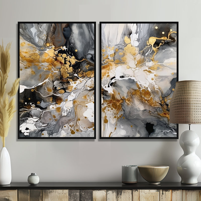2 coups de pinceau délicats abstraits gris et or gris 3 pièces, 36'' H x 48'' W, Impression encadrée flottante, Black