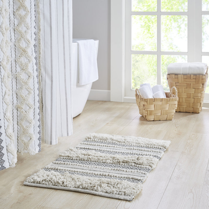 Asher Natural and Gray Cotton Blend Striped Bath Rug