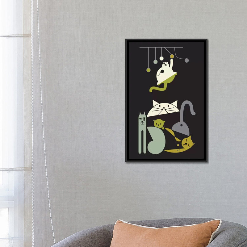 Chats par Fatowl - impression sur toile tendue, H 26 po x l 18 po x P 1,5 po, Toile avec cadre noir, Pas de tapis