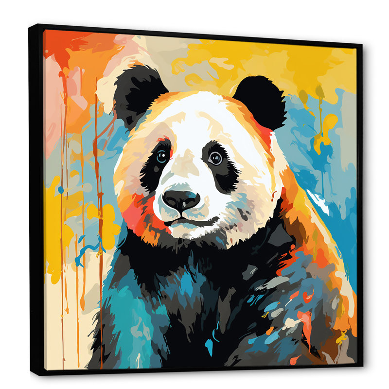 Pop Art Coloful Panda II - Art mural animal panda, Cadre flottant noir, H 30 po x l 30 po x P 1,5 po