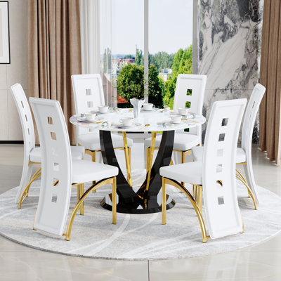 Black & Gold Modern Round Dining Set with Faux Marble Top and PU Leather Chairs